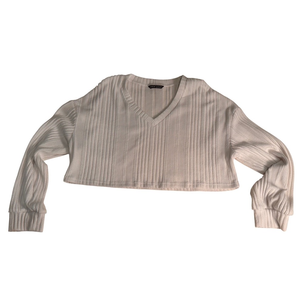 Coastal White Ribbed Knit‎ V-Neck Long Sleeve Nautical Crop Top Large